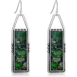 Green Handmade Bohemian Tribal Retro Colorful Square Bar Dangle Drop Earrings